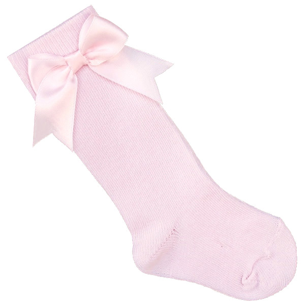 Girls Pink Knee Length Satin Bow Socks Christening Socks Flower